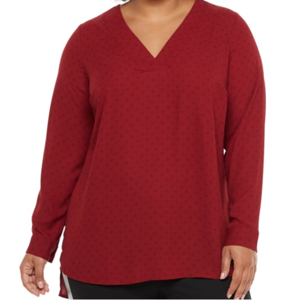 NEW EVRI Women Blouse Top Long Sleeve SZ 1x HIGH/LOW HEM RED/BLACK.
